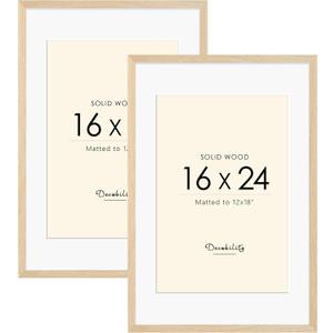 16x24 Solid Wood Poster Frame, Natural Wood Picture Frame with Paper Mat, Display picture 12x18 with mat or 16x24 without Mat, Set of 2 Oak Wood Grain Picture Frame