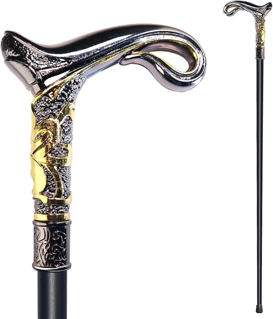 Walking Cane for Men & Women & Seniors - 36.5 Inch Heavy Duty 500+ lbs Capacity, Ergonomic Handle, Decorative & Ornate Design, Gothic & Goth Elegant Matte Black & Gold Artistry, Metal Cane