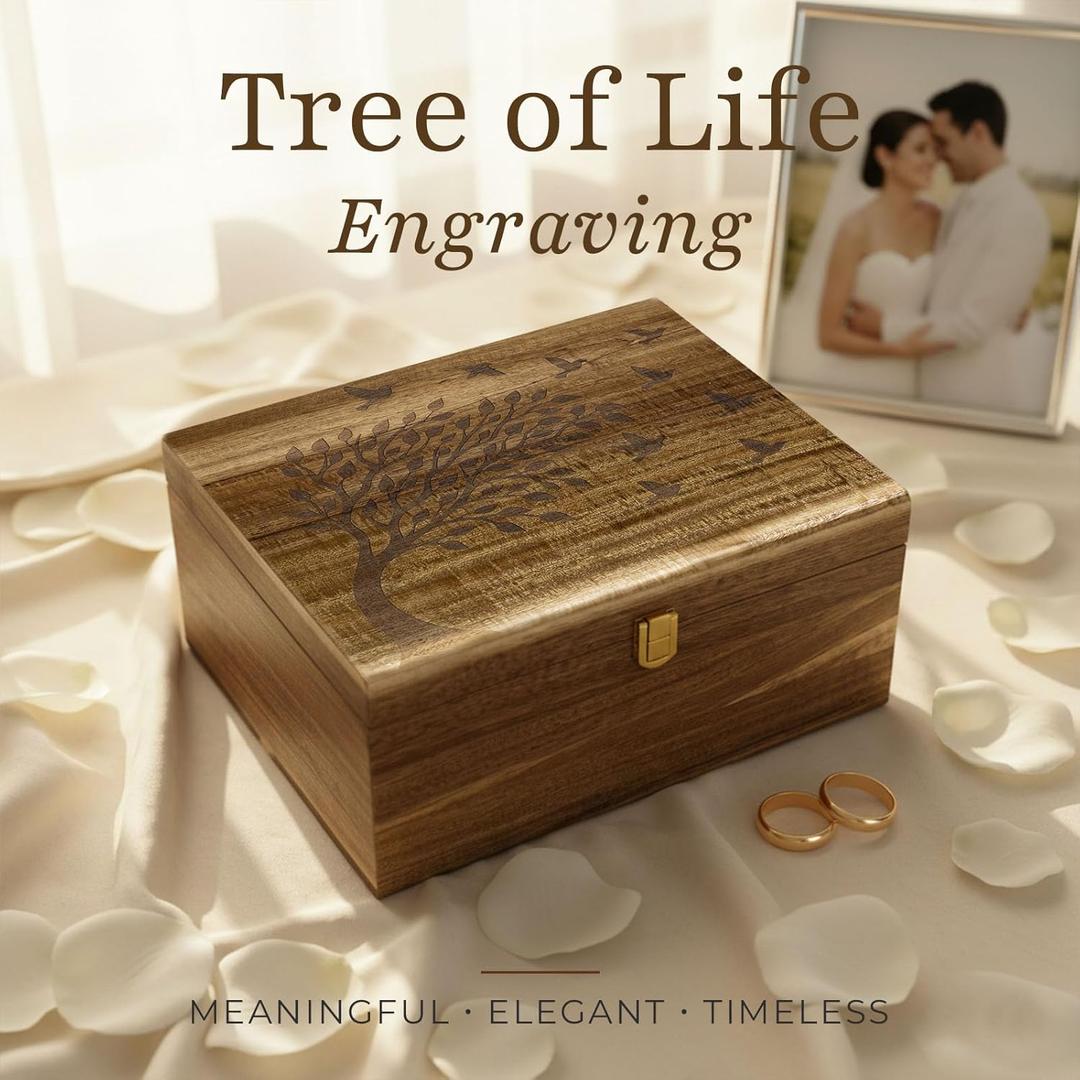Keepsake Box – Wooden Keepsake Memory Box with Hinged Lid, Tree of Life Engraving, Large Acacia Wood Box 11"x8.6"x5", Felt Photo Board, Secure Latch – Storage for Photos, Letters, Jewelry, Crafts