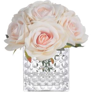 Fule Artificial Silk Rose Flower Centerpiece Arrangement in Glass Vase with LED Light for Home Wedding Decoration (Champagne)