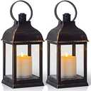 Yongmao Vintage Lantern Decorative LED Flickering Flameless Candle with Timer, Battery Powered LED Decorative Hanging Golden Brushed Black Lanterns for Indoor Outdoor Garden Yard Home Decor(2 Pack)