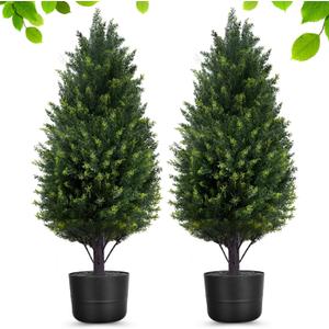 2.3FT Artificial Cedar Trees for Outdoors Planters,Set of 2 Potted Topiary Trees Faux Cypress Tree Outdoor Indoor Fake Pine Tree Artificial Bushes with Pot for Front Porch Garden Spring Decor