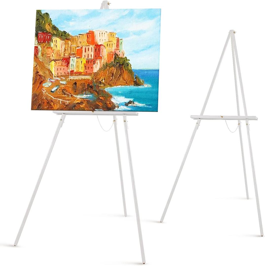 Falling in Art 65" A-Frame Tripod Easel Stand, Wooden Display Easel with Adjustable Canvas Holder, Floor Easel for Wedding Signs, Posters, Paintings, Artwork, (White) 2 Pack