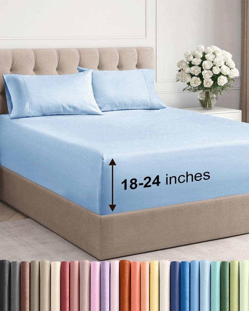Extra Deep Queen Sheet Set  4 Piece Breathable & Cooling Bed Sheets  Easily Fits 18 to 24 inch Mattress  Ultra Soft, Wrinkle & Fade Free with Extra Deep Pockets  Hotel Luxury Bedding  Spa Blue