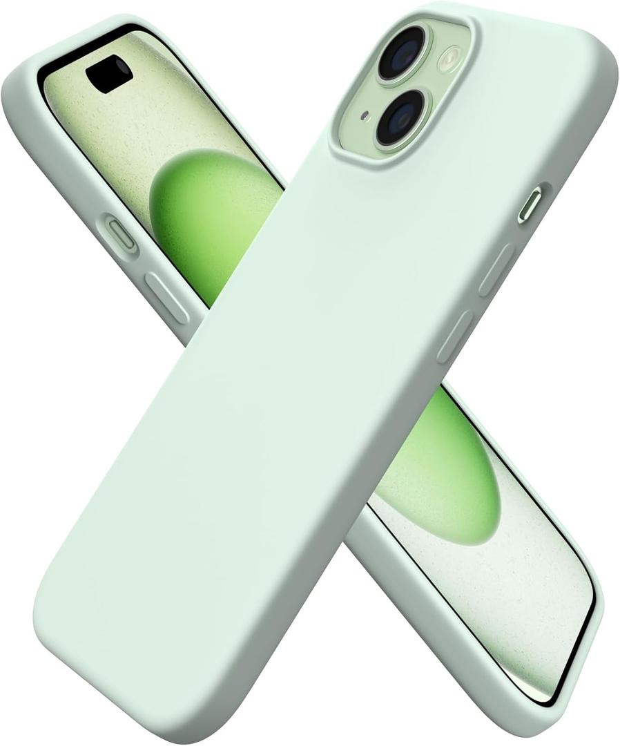 ORNARTO Compatible with iPhone 15 Case 6.1, Slim Liquid Silicone 3 Layers Full Covered Soft Gel Rubber Phone Case, Anti-Scratch Shockproof Protective Cover 6.1 Inch, Light Green