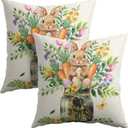Easter Bunny Carrots Throw Pillow Covers 18X18 Inches Set of 2 Spring Colorful Floral Green Leaves Mason Jar Pillowcase Soft Cotton Linen Square Spring Cushion Covers for Home Sofa Bedroom
