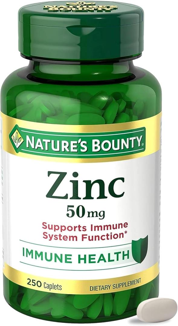 Natures Bounty Zinc 50mg, Immune Support & Antioxidant Supplement, Promotes Skin Health, 1 Caplet Per Day, Gluten Free, 250 Vegetarian Caplets, BB Date 03/29