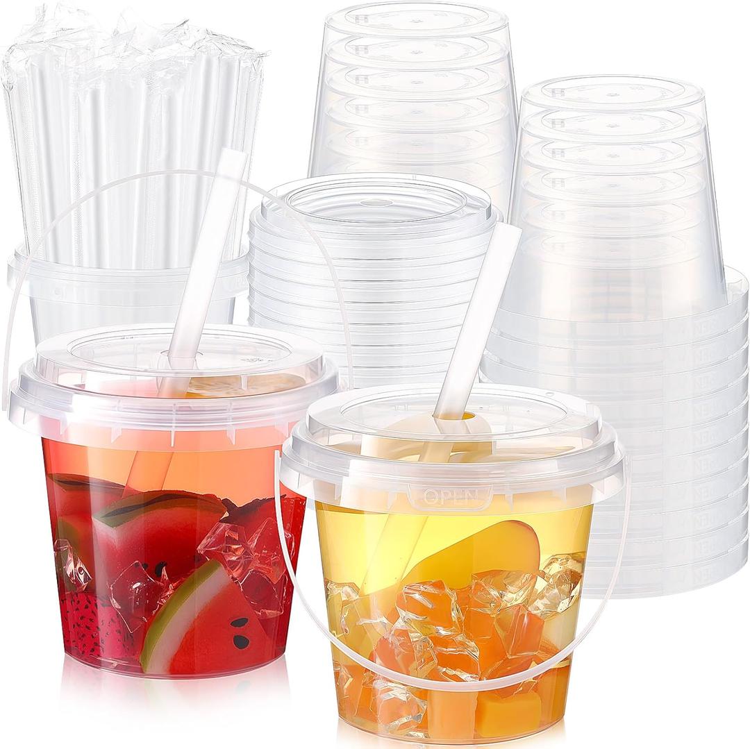 Funnymoom 15 Set 24oz Clear Plastic Drink Buckets with Lids and Straws Disposable Iced Coffee Cups Buckets for Cocktail Parties Smoothie Cup Bulk with Handles for Beach Pool Party Supplies