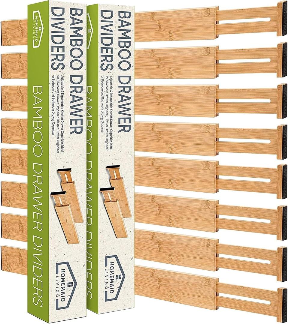 Homemaid Living Bamboo Drawer Dividers Adjustable & Expandable, Kitchen Drawer Organizer, Ideal for Silverware, Dresser Drawer Organizer or Bedroom & Bathroom Drawers Organizers (8pk) (Natural)