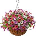 2 x Artificial Hanging Flowers Basket for Outdoor, UV Resistant Plants Daisy | Faux Silk Daisy, Front Door Porch Planter, Patio Yard Garden Balcony, No Fade, Spring Summer Decor, Purple White Rose
