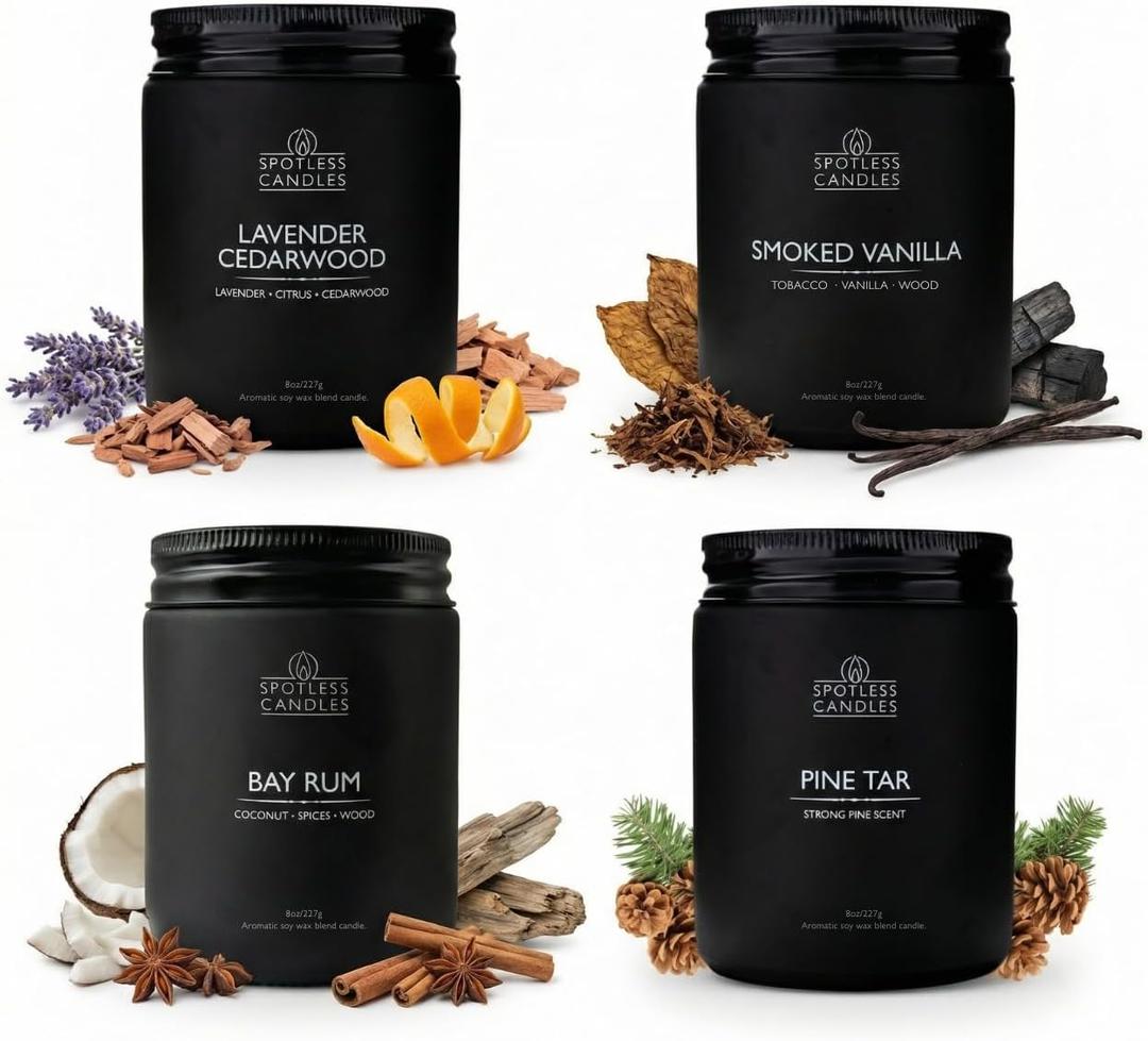 Scented Candles for Men - Soy Candles in Gift Box & Protective Shipper - Men Candle Set x 4 - Cedarwood & Lavender/Bay Rum/Pine Tar/Smoke & Vanilla - Spotless Leopard, 8oz