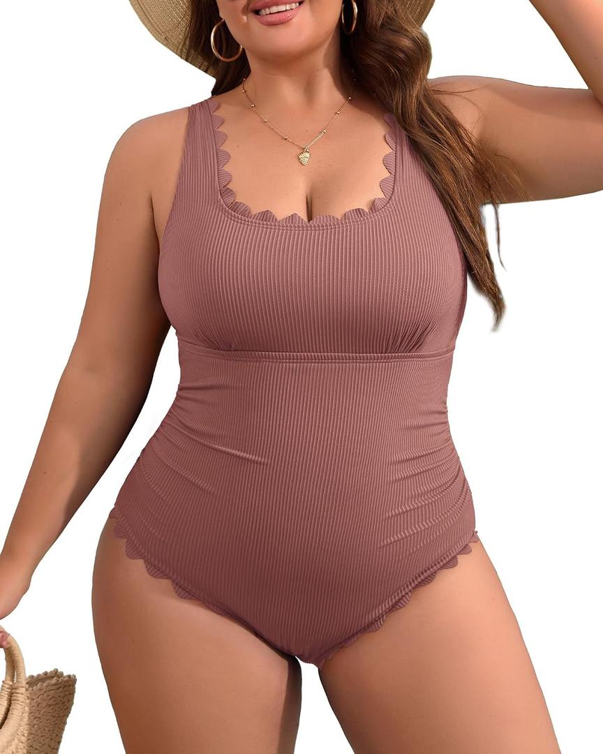Charmo Plus Size Swimsuit for Women 2026 Tummy Control Scalloped Ribbed One Piece Swimsuits Ruched Modest Bathing Suit (Pink, XXL)