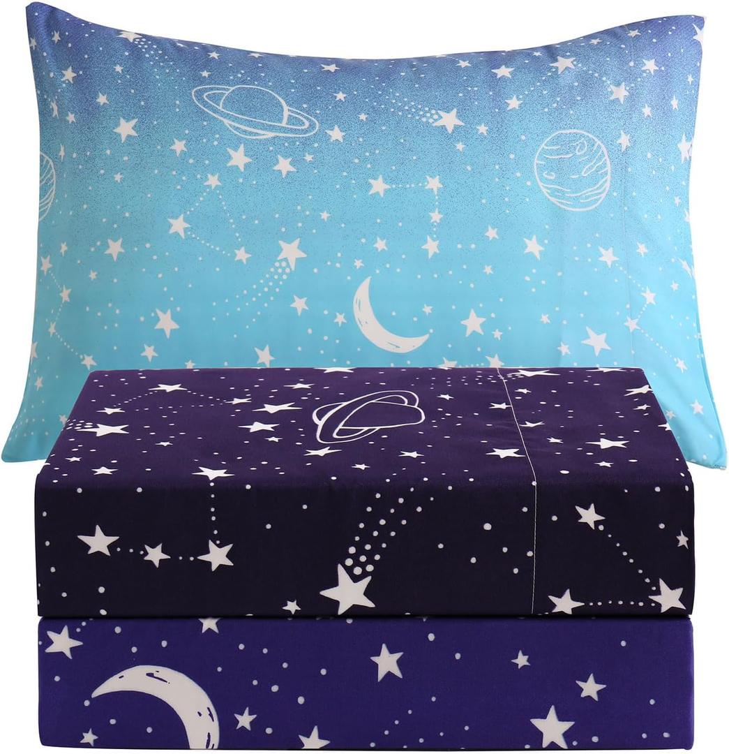 JSD Gradient Blue Moon Stars Kids Sheet Set Twin Size, 3 Piece Space Theme Microfiber Sheets Deep Pocket