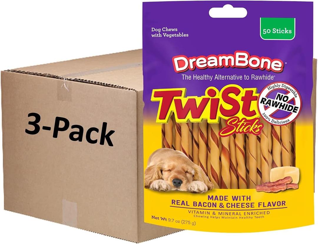 Dreambone Twist Sticks with Real Bacon and Cheese Flavor 50 Count, Rawhide-Free Chews for Dogs (3 Pack) | Daily Chew, Digests Safely and Completely, Made With Real Bacon, Cheese, Chicken and Veggies, For Adult Dogs (EXP 03/24/29)