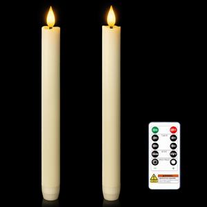 Homemory 2 Pcs Real Wax Made Flameless Taper Candles with Remote and Timer, 9.6" Ivory Battery Operated Candle Stick Flickering, Led Taper Candles with Lifelike Flame for Indoor Home Decor