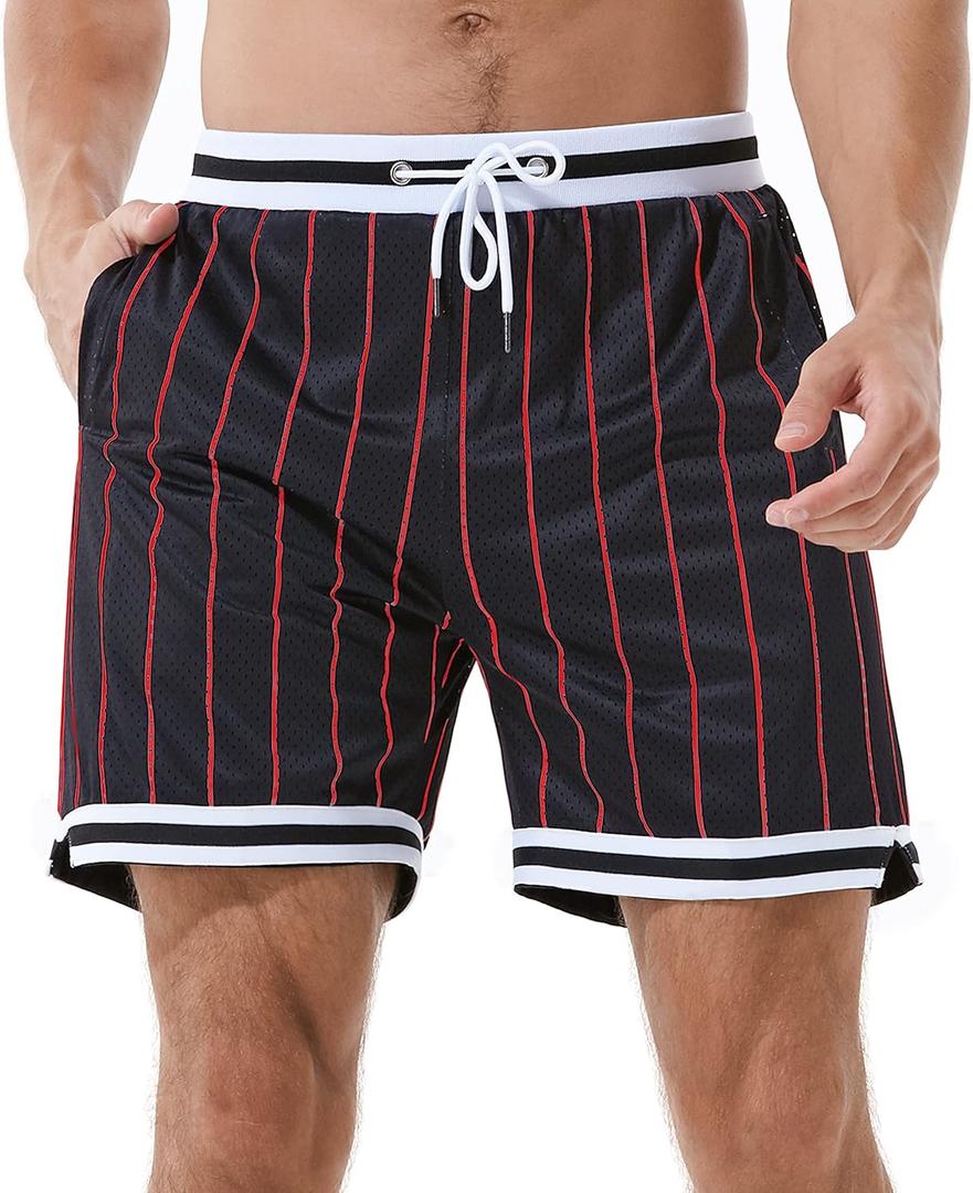 HEALONG Mens Retro Basketball Shorts: 5-7 Inch Heavyweight Double Layer Mesh Deep Pockets 90s Vintage Athletic Gym Workout (Large, Red Stripes)