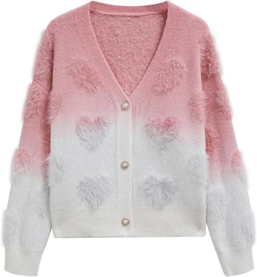 CHICWISH Women Cute Ombre Fuzzy Heart Button Down Cardigan V Neck Long Sleeve Soft Valentines Knit Sweater Coat Pink