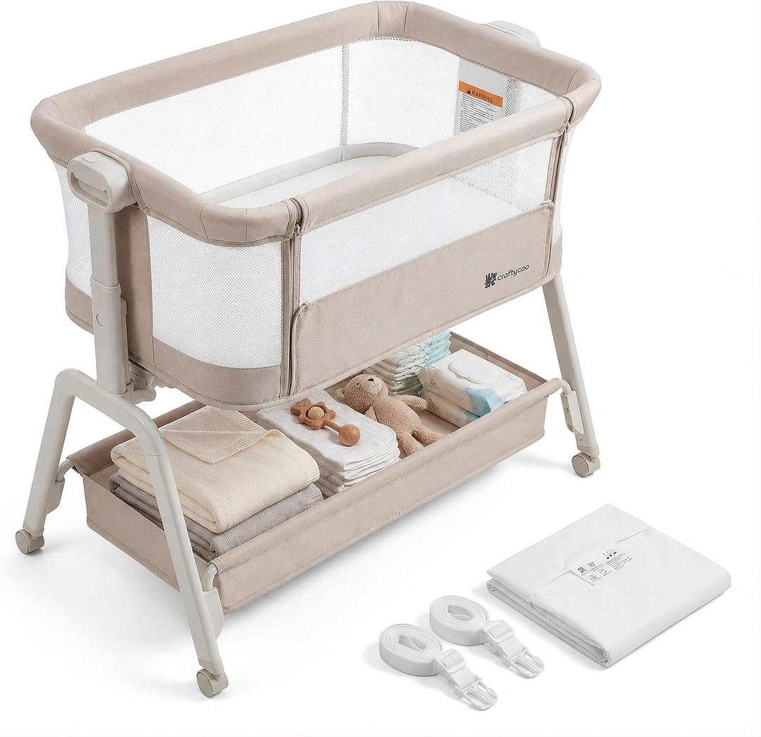 All-in-1 Bedside Bassinet for Baby – Adjustable Height Bedside Sleeper with Full Mesh Sides 2 Breathable Sheets & Storage Basket | Portable Baby Bassinet for Newborns with Wheels Bed Anchor, Crib