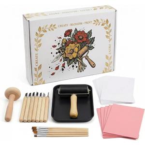 Lnncdsc Linocut Kit for Beginners & Adults  Complete Block Printing Supplies with Carving Tools, Brayer, 5 Pack 46 inch Linoleum Blocks for DIY Stamp Making, Home Art Projects, Classroom Crafts.
