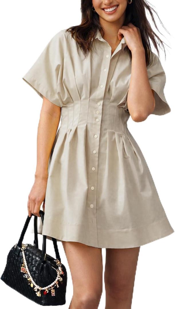 Shy Velvet Women’s Mini Shirt Dress Casual Button Down Short Sleeve Collared Summer Dresses, Small 