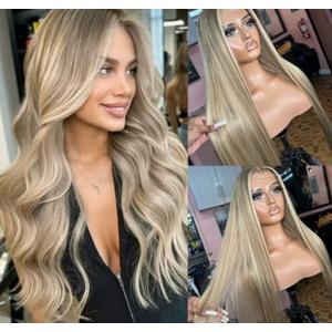 Ombre Blonde Lace Front Wig Human Hair for White Women Ash Brown Roots to Ash Blonde with White Platinum Highlights Glueless Wigs Human Hair Pre Plucked with Baby Hair 180% Density Straight 20 Inch