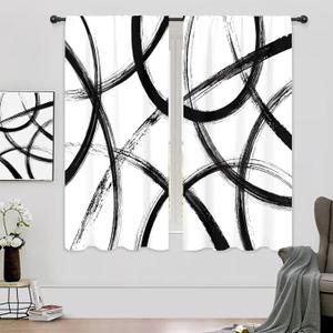 Riyidecor Black White Absract Curtains Minimalist Graffiti Aesthetic Ink Painting Art Line Modern Simple Cool Rod Pocket Geometric for Men Bedroom Living Room Treatment Fabric 2 Panels 42Wx63H Inch