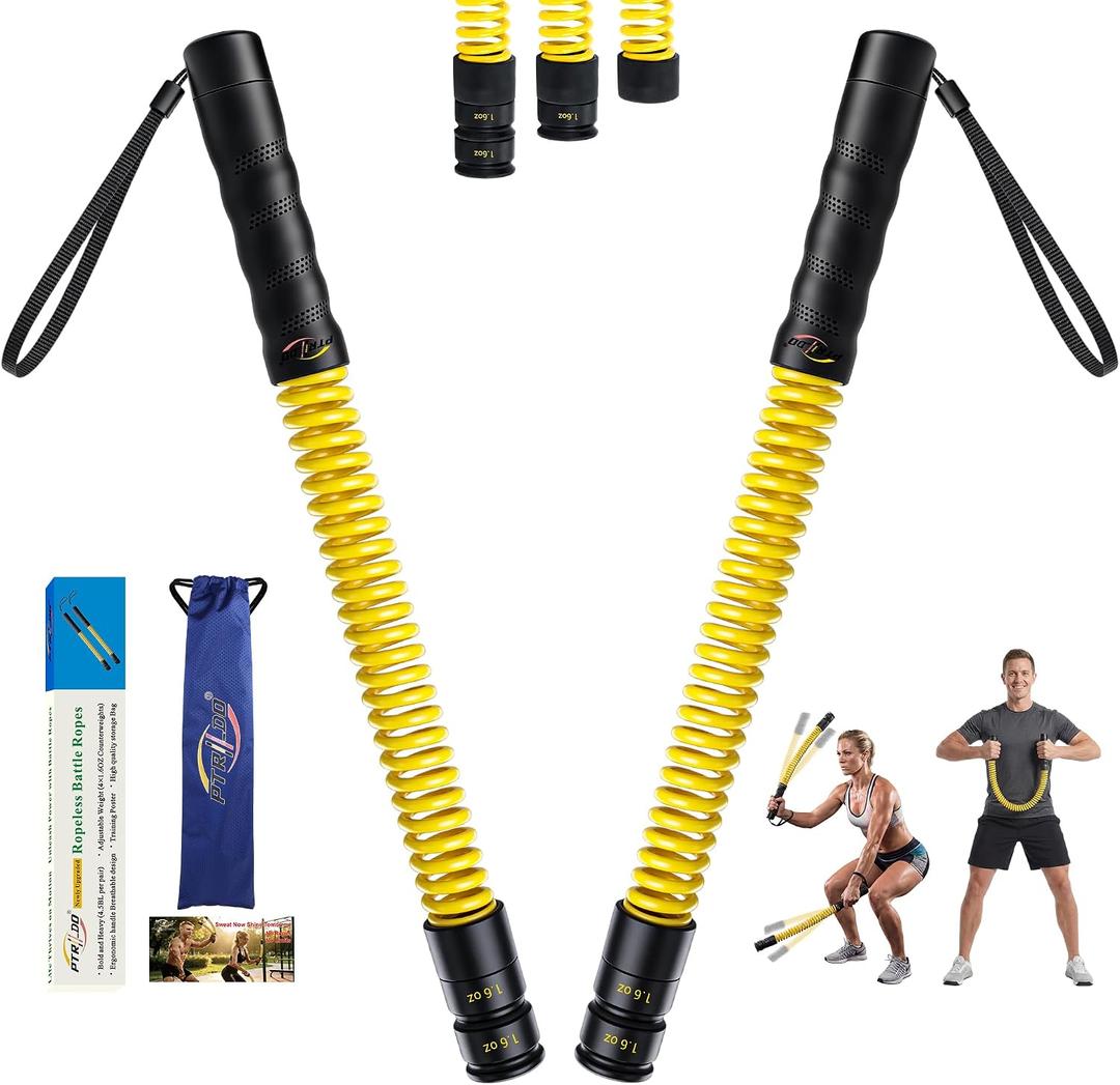 Weighted Cordless Battle Ropes for Home Gym & Apartment with Workout Guide | Ergonomic sweat-wicking breathable grips, ultra silent operation, anchor-free, portable design for easy moving and storage