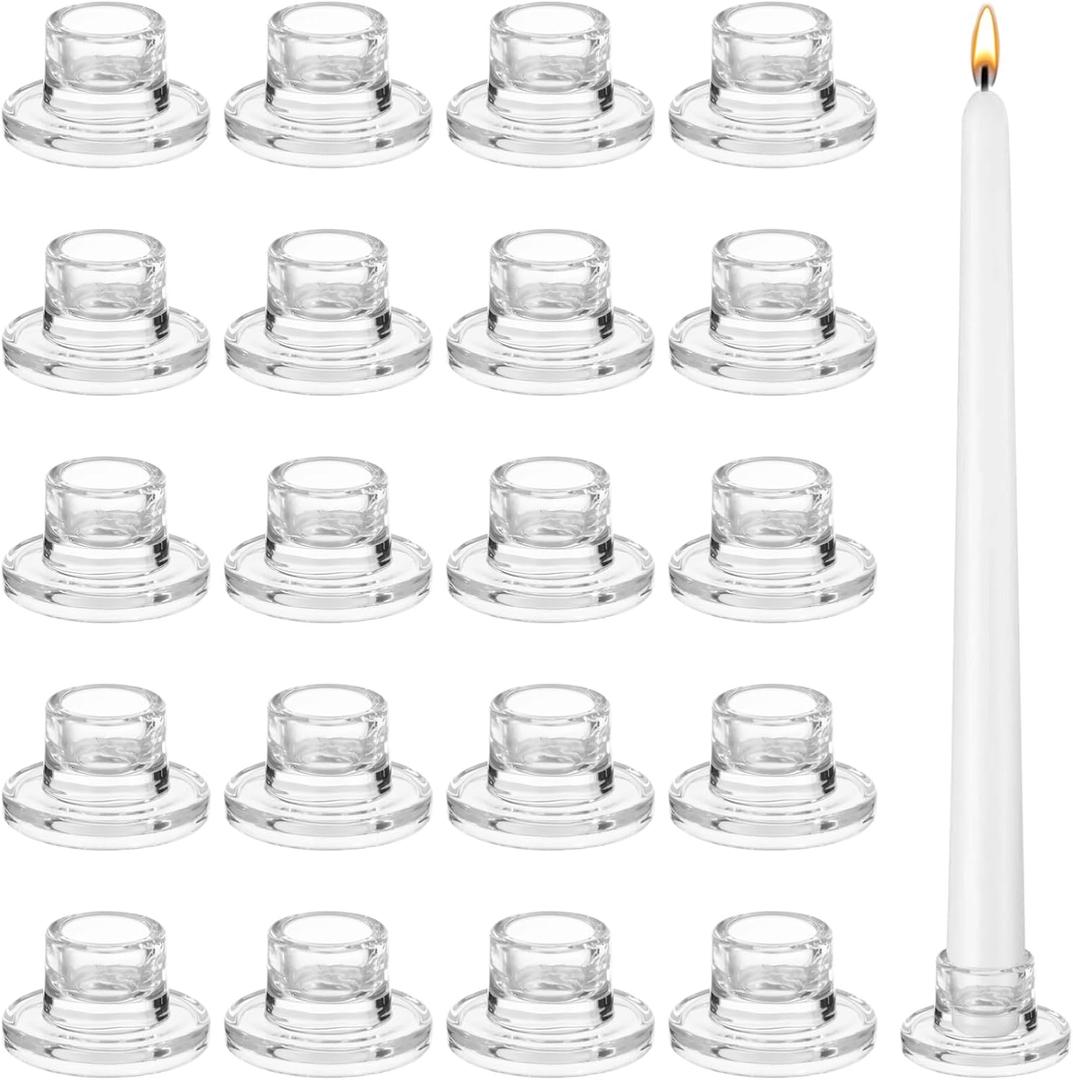 20 Pcs Glass Taper Candle Holders - Small Clear Candlestick Holders, T-Shaped Thick Glass Tapered Candle Holders for Tabletop Centerpieces, Ideal for Events, Weddings, Holiday Dinners