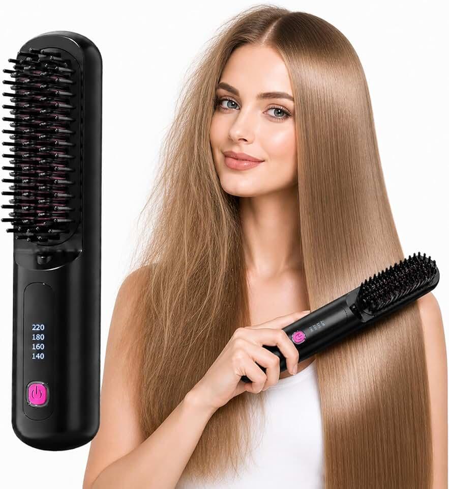 2026 Upgraded Cordless Hair Straightener Brush, 80 Million Anti-Frizz Negative Ions, 4 Temp Settings,Portable Hair Straightener,Perfect for Travel, Home, Quick On-the-Go Styling