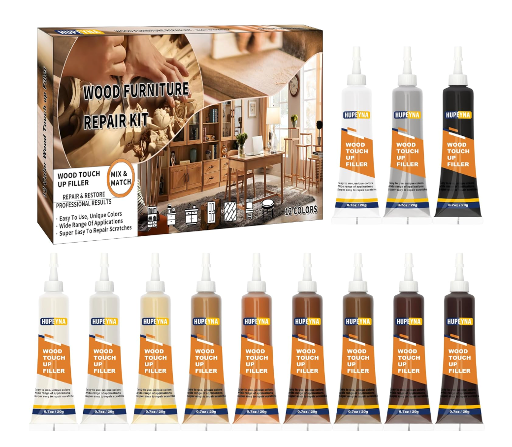 Wood Repair Kit, 12 Color Wood Fillers, Furniture Repair Kit, Repair Scratch, Cracks, Stains, Discoloration for Wood Furniture, Door, Cabinet, Floor, Table Surface Wood Touch up Filler Wood Paint