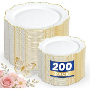 WDF 200PCS White and Gold Plastic Plates - Gold Plastic Plates - Include 100 Dinner & 100 Dessert Disposable Party Plate - Fancy Disposable Plate for Wedding/Baby Shower/Spring/Mother's Day