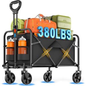 Collapsible Wagon Cart Foldable Beach Wagon with All-Terrain Wheels - 380 LBS Heavy Duty Grocery Cart for Shopping, Beach, Camping, Sports, Garden (Black)