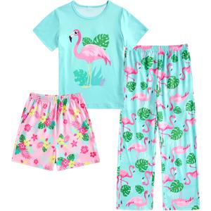 Funnycokid Girls Pajamas 3 Piece Short Sleeve Shirt Top Pants Shorts with Pockets 7-14 Years