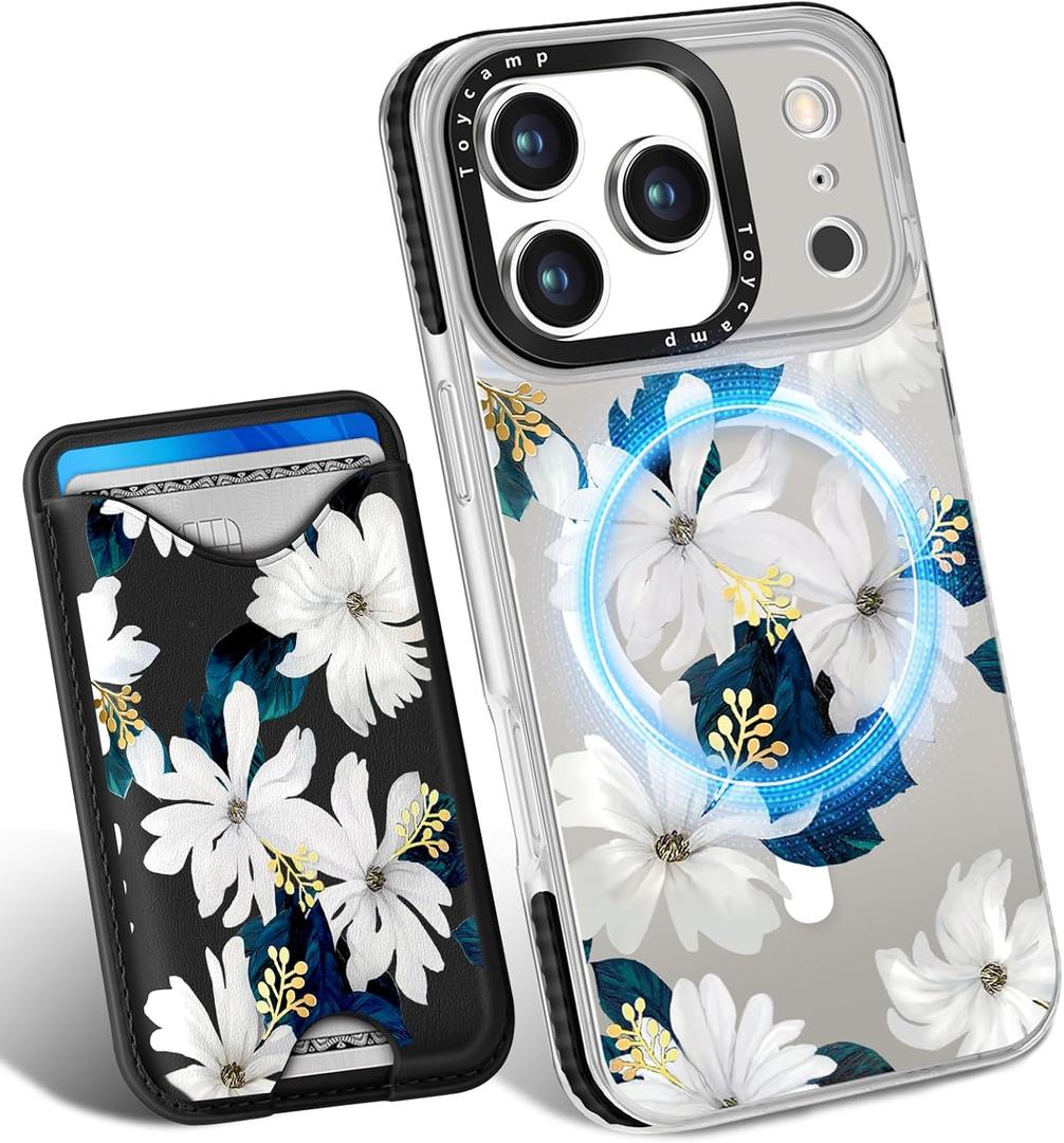 Toycamp for iPhone 17 Pro Case - Compatible with Magsafe Credit Card Holder Wallet Magnetic Cute Women Teen Girls Kawaii Girly Unique White Flower Design Phone Cover for Apple 17 Pro