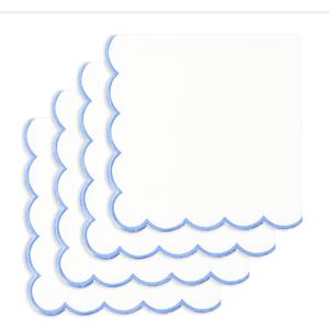 PurpleEssences Scalloped Embroidery Cloth Napkins - Spring Easter Summer - Table Decor - 100% Cotton - Set of 4-18x18 inch - White - Edges - Light Blue