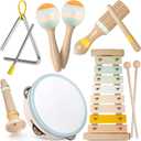 Baby Musical Instruments - Neutral Colors Musical Toys for Toddlers 1-3, Montessori Wooden Percussion Instruments Set with Modern Boho Xylophone Tambourine, Kids Preschool Educational Birthday Gifts (Multicolored)
