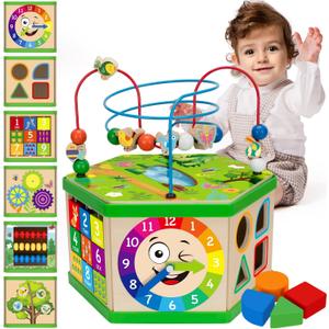 Wooden Activity Cube for 1 Year old, 12-18 Month Boys & Girls, 7-in-1 STEM Montessori Early Developmental Learning Toys for Kids Aged 1-2, Ideal 1st Birthday Gift Toys for Baby, Toddlers (Green)