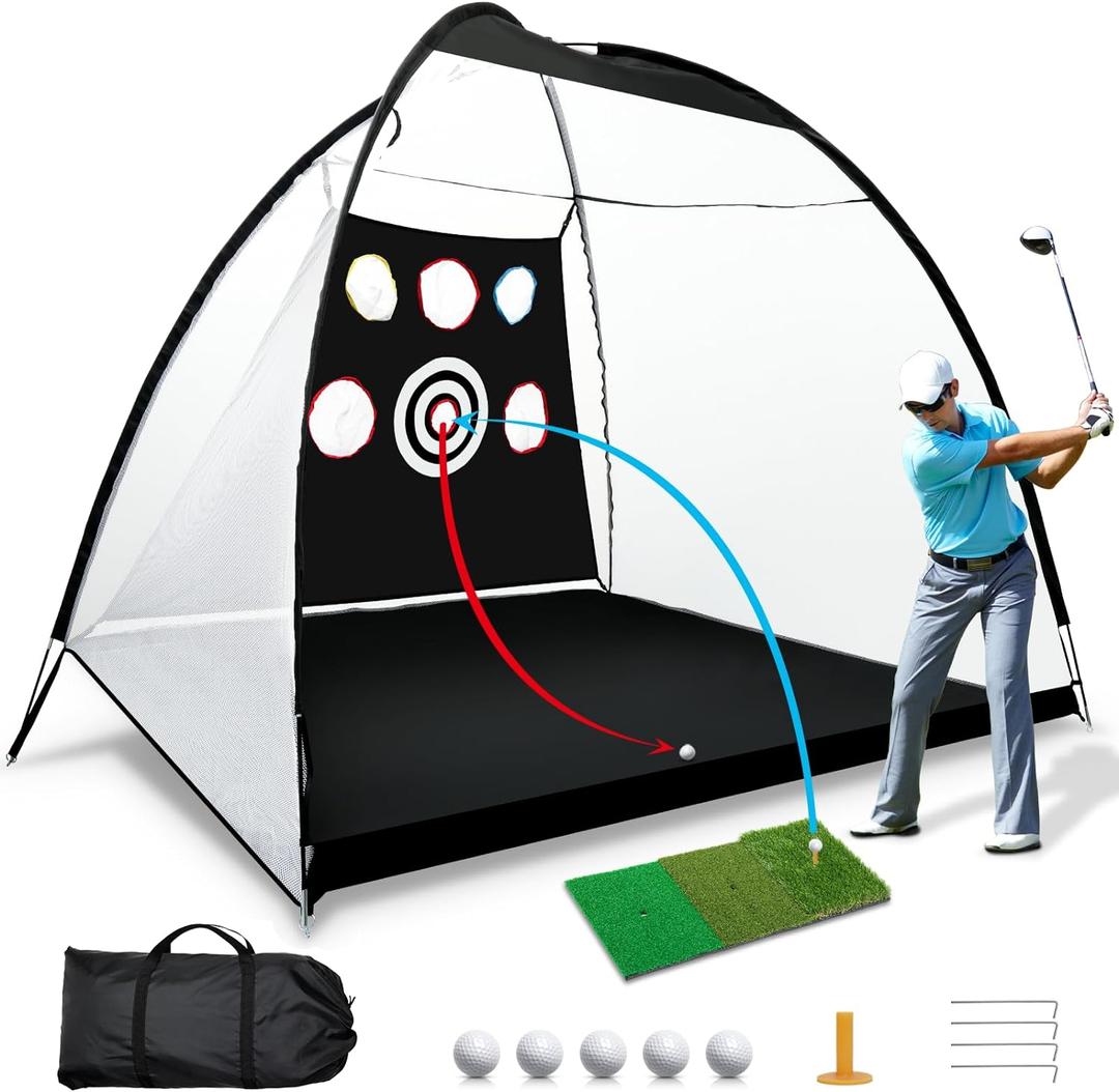 Automatic Ball Return Golf Practice Net - 10x7ft, Tri-Turf Hitting Mat, Indoor/Outdoor, Black