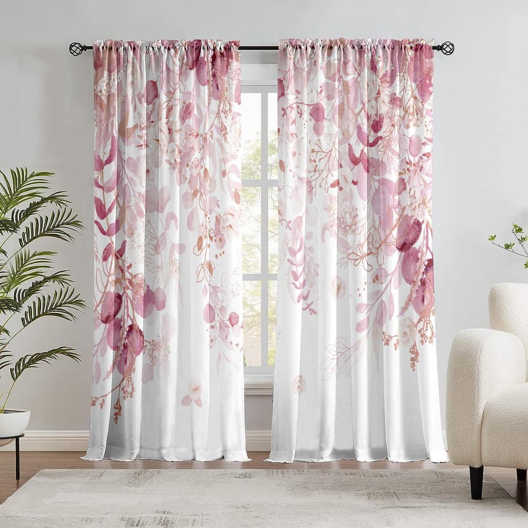 Pink Floral Leaf Sheer Curtains for Girls Bedroom, Botanical Farmhouse Light Filtering Privacy Semi-Sheer Cute Light Pink Curtains for Kids Nursery 84 Inches Long 2 Panels,Rod Pocket,Each 52 Inch Wide