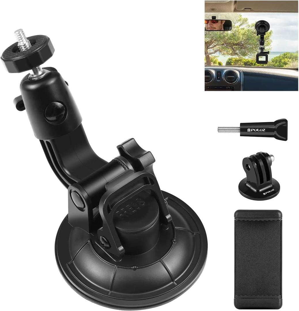 PULUZ Car Suction Cup Mount for GoPro/Insta 360/DJI Osmo Action Camera Vehicle Window & Windshield Mount Holder Camera Mount with 2.3-3.3 inch Phone Clamp & Tripod Adapter PULUZ Car Suction Cup Mount for GoPro/Insta 360/DJI Osmo Action Camera Vehicle Window & Windshield Mount Holder Camera Mount with 2.3-3.3 inch Phone Clamp & Tripod Adapter