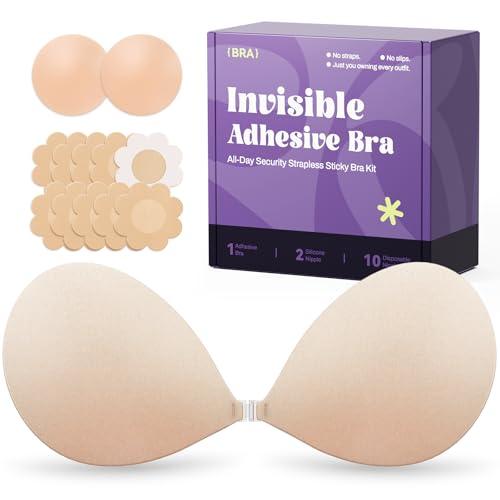 Invisible Strapless Sticky Bra Push up for Women, Ultra Adhesive Bra for Backless Dress, Cleavage Bra Lift Novelty Bras (B Cup, Light Beige)