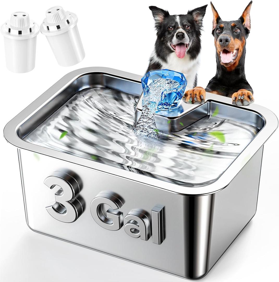 PETNF Dog Water Fountain for Large Dogs, 11L/3Gallon Stainless Steel Large Dog Fountain Water Bowl, Automatic Pet Water Bowl Dispenser with 2 Filters Indoor, Quiet and Safe Pump, Easy to Clean