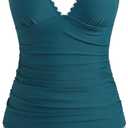 ZAFUL Womens Tankini Swimsuits V Neck Push Up Swim Top Color Block Tummy Control High Waisted Bathing Suits Swim Bottom (Blue, L)
