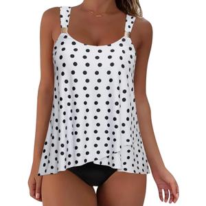 SUUKSESS Women Ruffle High Waisted Tankini Swimsuit Tummy Control Bathing Suit (Small, 80 White Black Polka Dot)