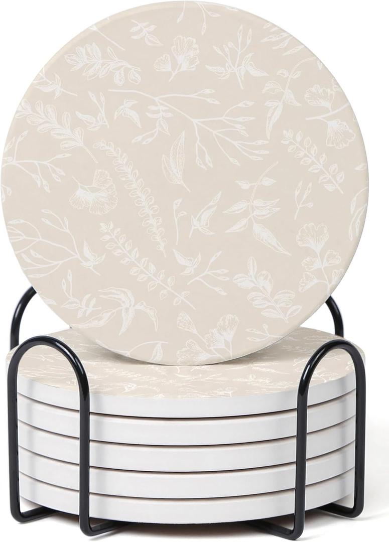 Set of 6 Floral Beige Coasters with Holder, Absorbent Ceramic Drink Coasters with Cork Backing for Table Protection, Coffee Table Décor