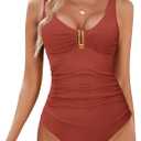 BMJL Women's Tummy Control Swimsuits Ruched Slimming One Piece Bathing Suit Deep V Neck Swimsuit (Large, Orange)