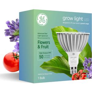 GE Grow LED Light Bulb, PAR38 Flood Light, Indoor LED Grow Lights for Flowers and Fruit, Advanced Red Light Spectrum, 25,000 Hour Lifespan, 50 PPF, 1 Pack (Packaging May Vary)