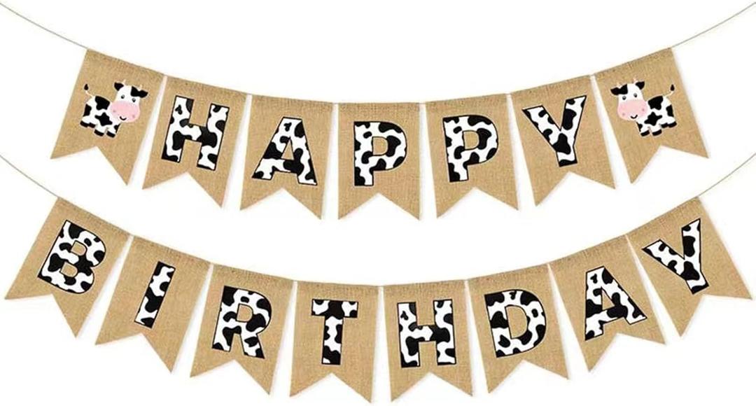 Cow Print Happy Birthday Banner, Burlap Pre-strung Cow Birthday Party Decorations Supplies