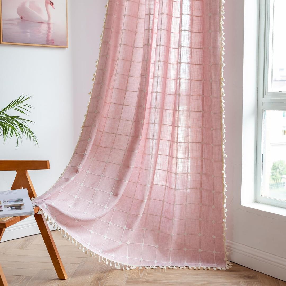 2 Panel Cotton Linen Boho Curtains 96 Inches Long for Living Room Bedroom, Kitchen, Plaids Lattice Embroidered Semi Blackout Bohemian Farmhouse Window Treatment Grids Drape Tassels, Pink