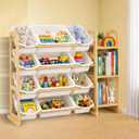 Kids Toy Storage Organizer with Bookshelf Wooden Shelf with 12 Bins & 3 Shelves, Quick Assembly Storage Rack for Playroom, Bedroom, Nursery White